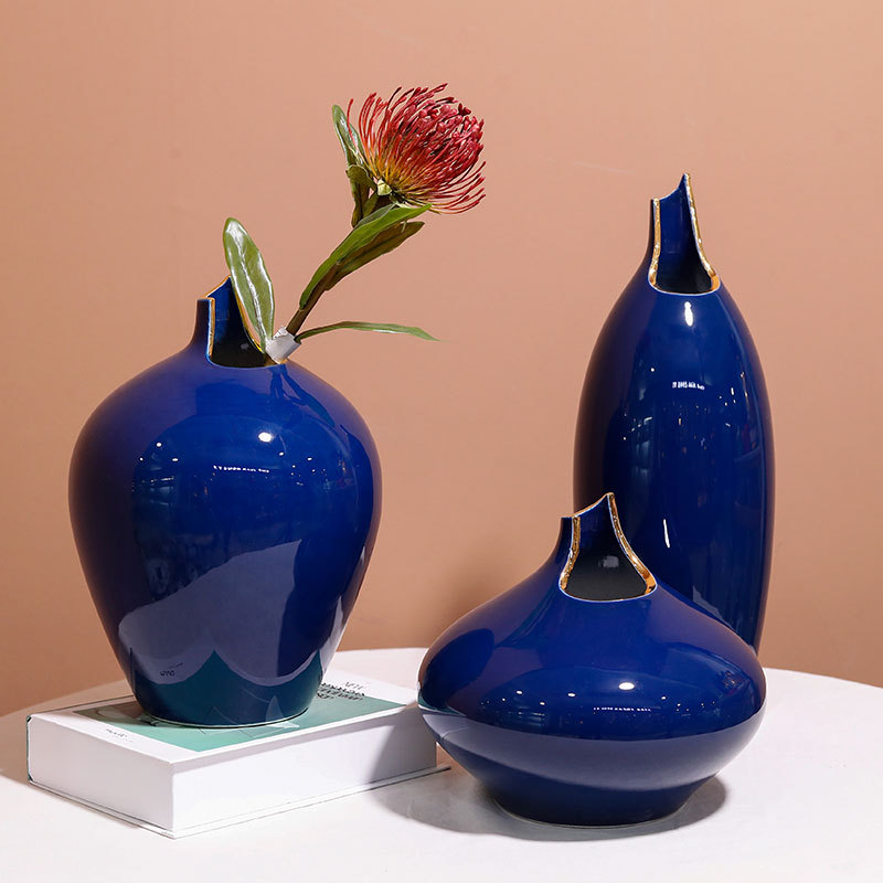 创意轻奢潮流景德镇陶瓷花瓶家居客厅宝蓝色金边缺口高温水培花器