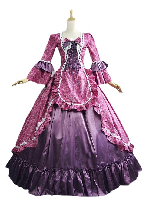 欧美中世纪复古哥特宫廷连衣裙收腰拼接蝴蝶结礼服裙