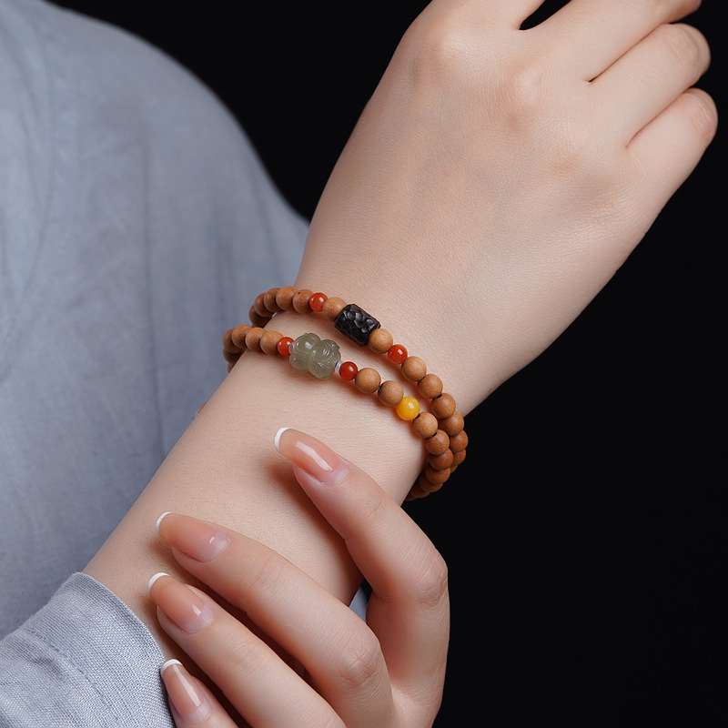 天然老山檀多圈手串圆珠搭配晴水莲花黑檀配饰男女生文玩简约手链