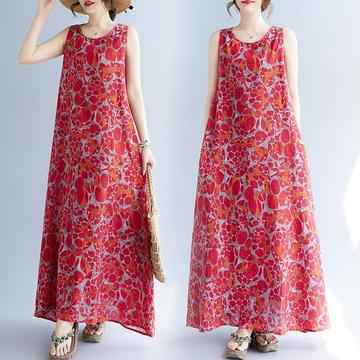 跨境外贸新款波西米亚长裙夏季新款加肥加大无袖圆领印花连衣裙