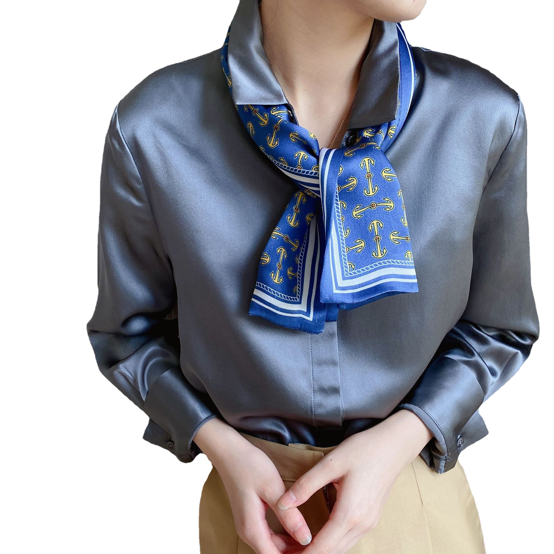 2022 New Graceful and Fashionable Boat Anchor Silk Ribbon Silk Scarf Korean Style Scarf Long Mulberry Silk Stewardess Long Strip