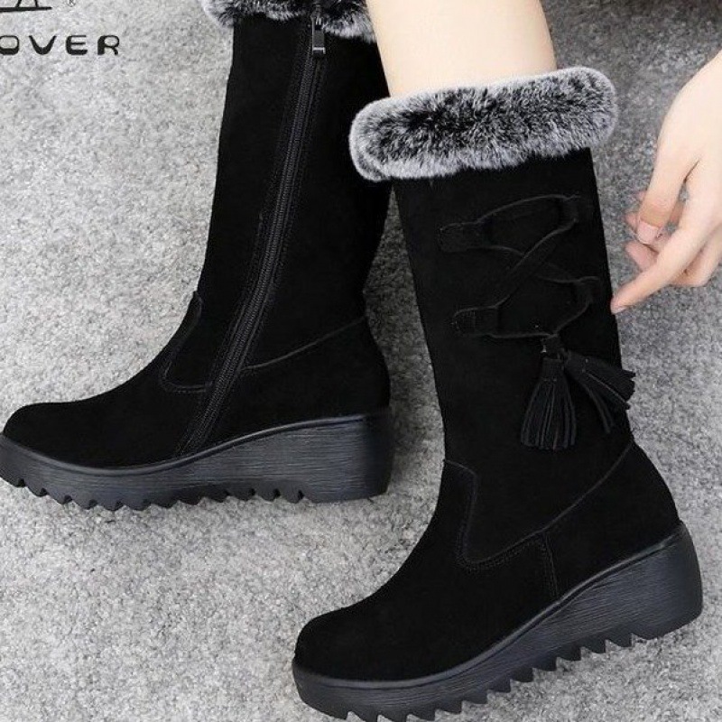 女鞋冬新款绒面低跟平底加绒加厚女鞋皮靴时装靴骑士靴中筒靴中靴