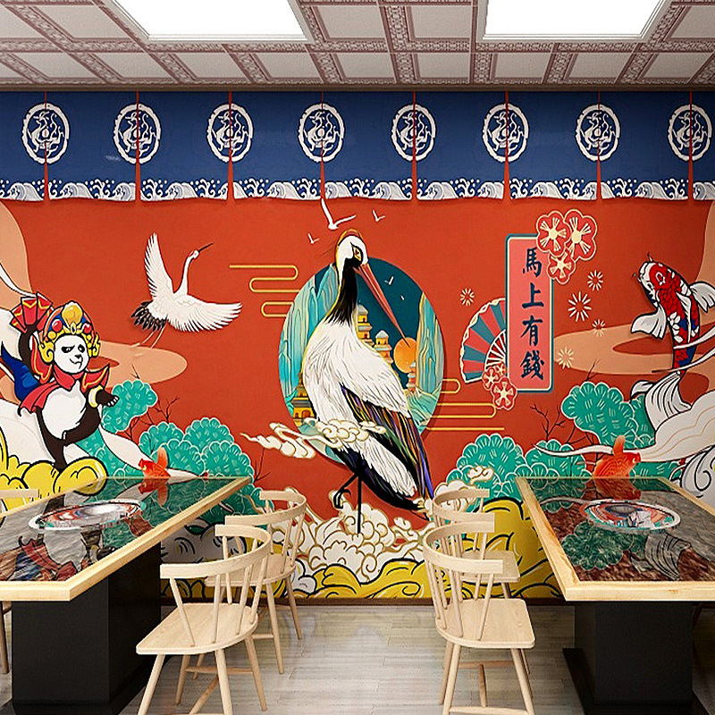 手绘复古中国风餐厅背景墙壁纸国潮潮牌3d火锅店时尚个性墙纸壁画