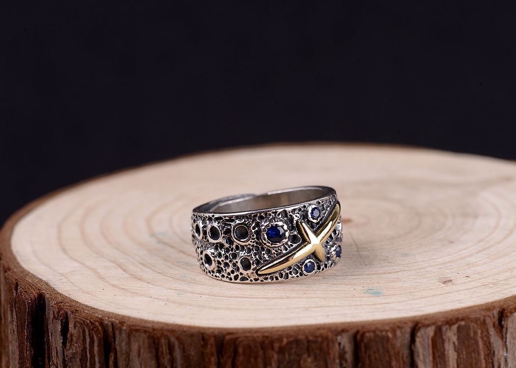 泰银天空十字星辉镶蓝锆开口戒指星空戒指星辰指环男陨石尾戒子