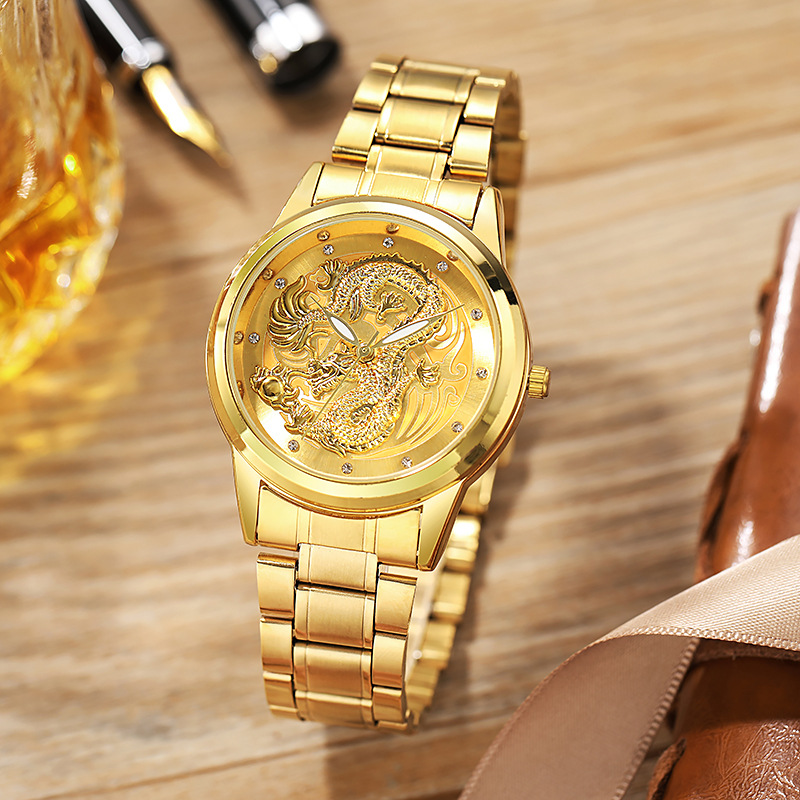 帝思浮雕金龙表男士防水非机械男龙凤呈祥情侣龙面时尚中老年手表