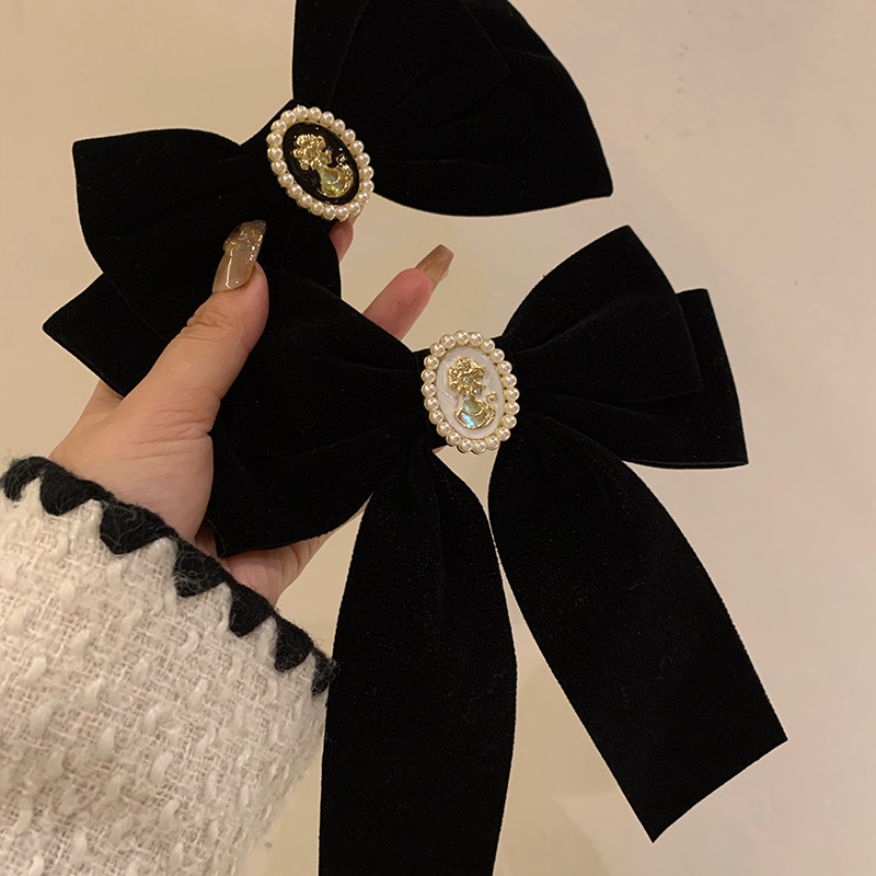 Beauty Head Black Velvet Bow Hairpin Retro French Chanel Style Pearl High-Grade Top Clip Hair Accessories Headdress