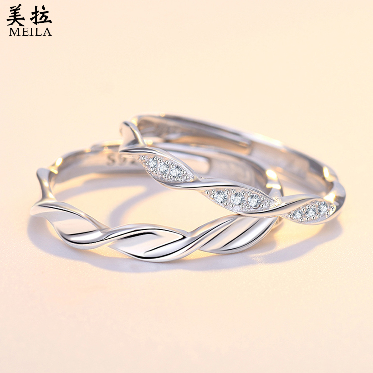 s925纯银扭臂螺旋戒指情侣款小众设计潮流对戒韩版时尚开口指环女