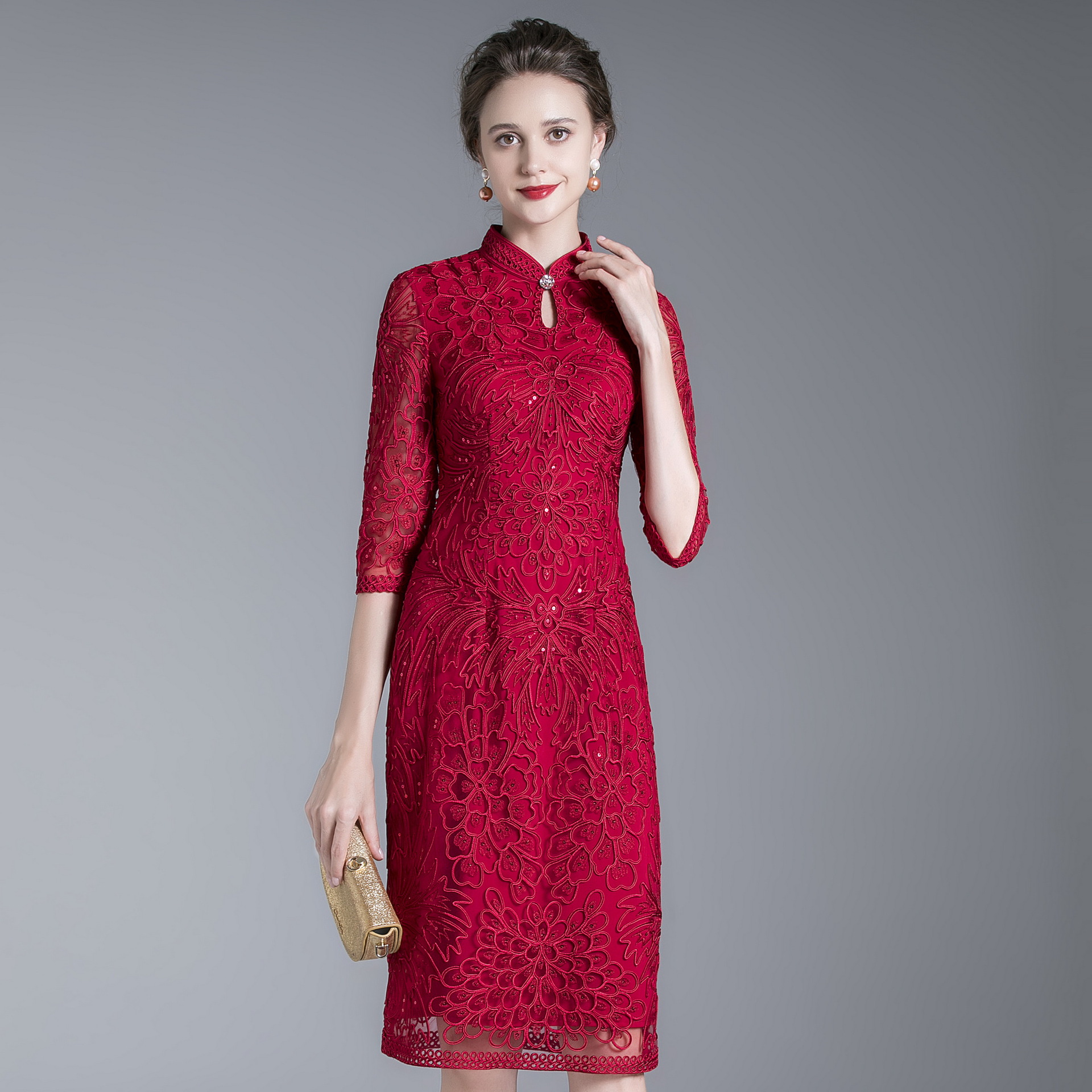 深圳高端品牌大码连衣裙婚庆喜婆婆姨妈妈装刺绣红色礼服一件代发