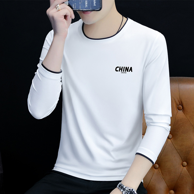 Long Sleeve Round Neck Men's T-shirt Men's Spring and Autumn Wear Casual Bottoming Shirt Stretch Slim Men's Clothes Tops T-Shirt Wholesale
