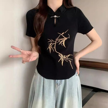 新中式国风t恤女设计感套头盘扣短袖薄款百搭针织衫小众修身上衣
