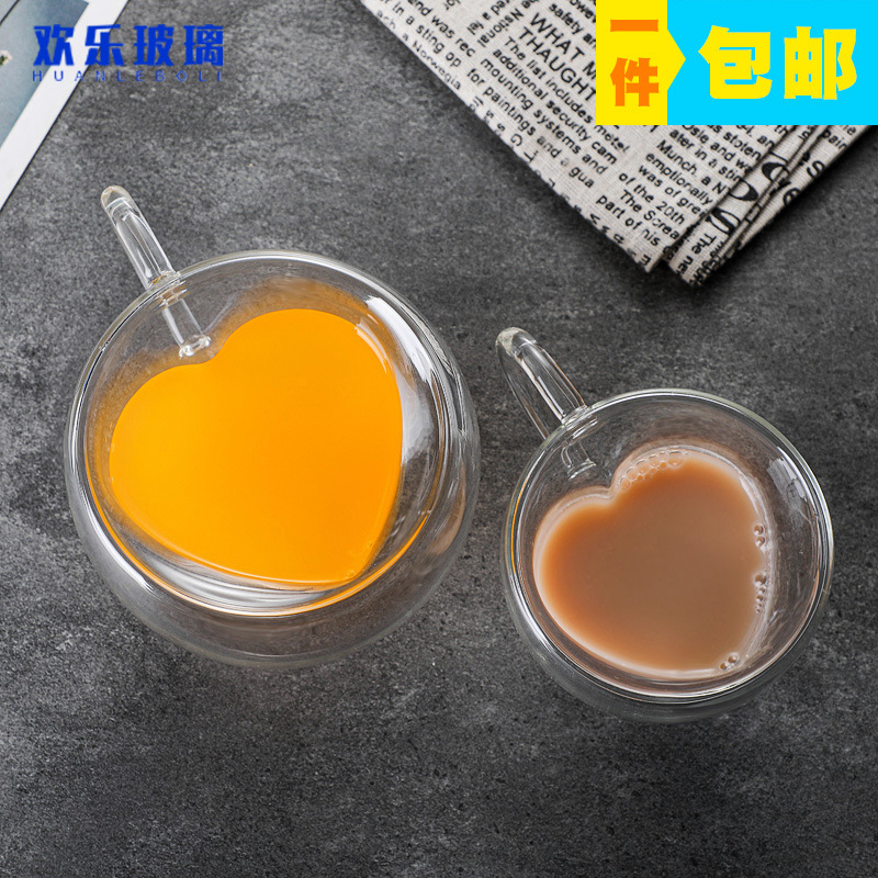 厂家包邮双层玻璃杯家用高硼硅果汁杯加厚心型带把咖啡杯简约杯子