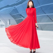 秋季红色雪纺长袖连衣裙女2023新款显瘦减龄时尚过膝复古长款裙子