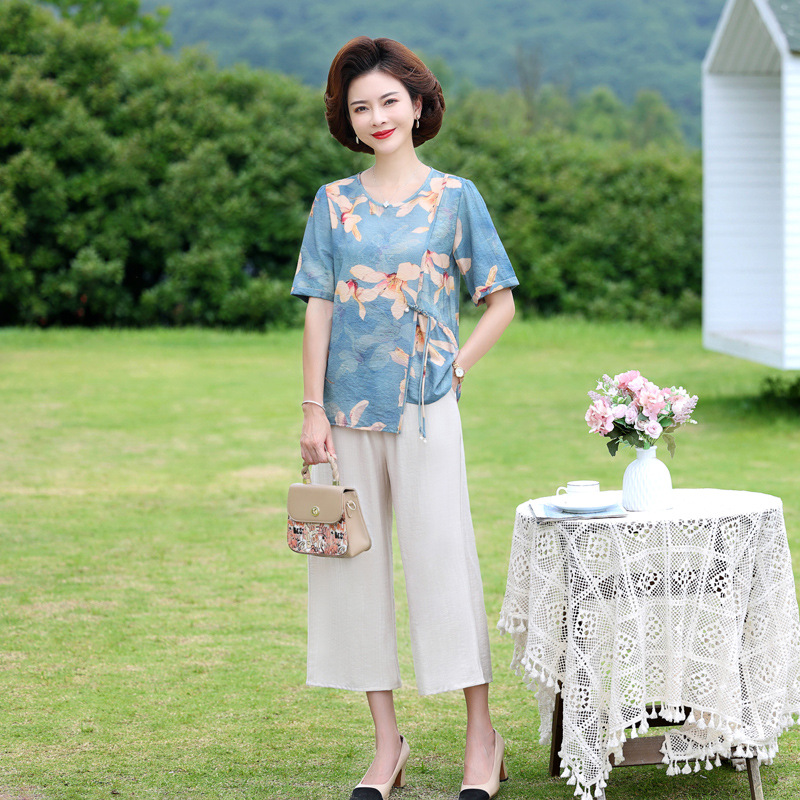 Qiaoyaying Mother's Wear Summer Printing Cotton Linen round-Neck Two-Piece Suit Middle-Aged and Elderly Women's Large Size Leisure Sports Suit