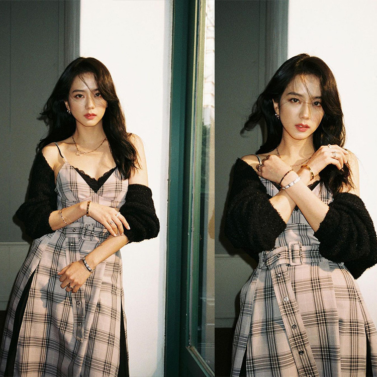 blackpink jisoo金智秀明星同款衣服女格子露肩性感吊带连衣裙ins