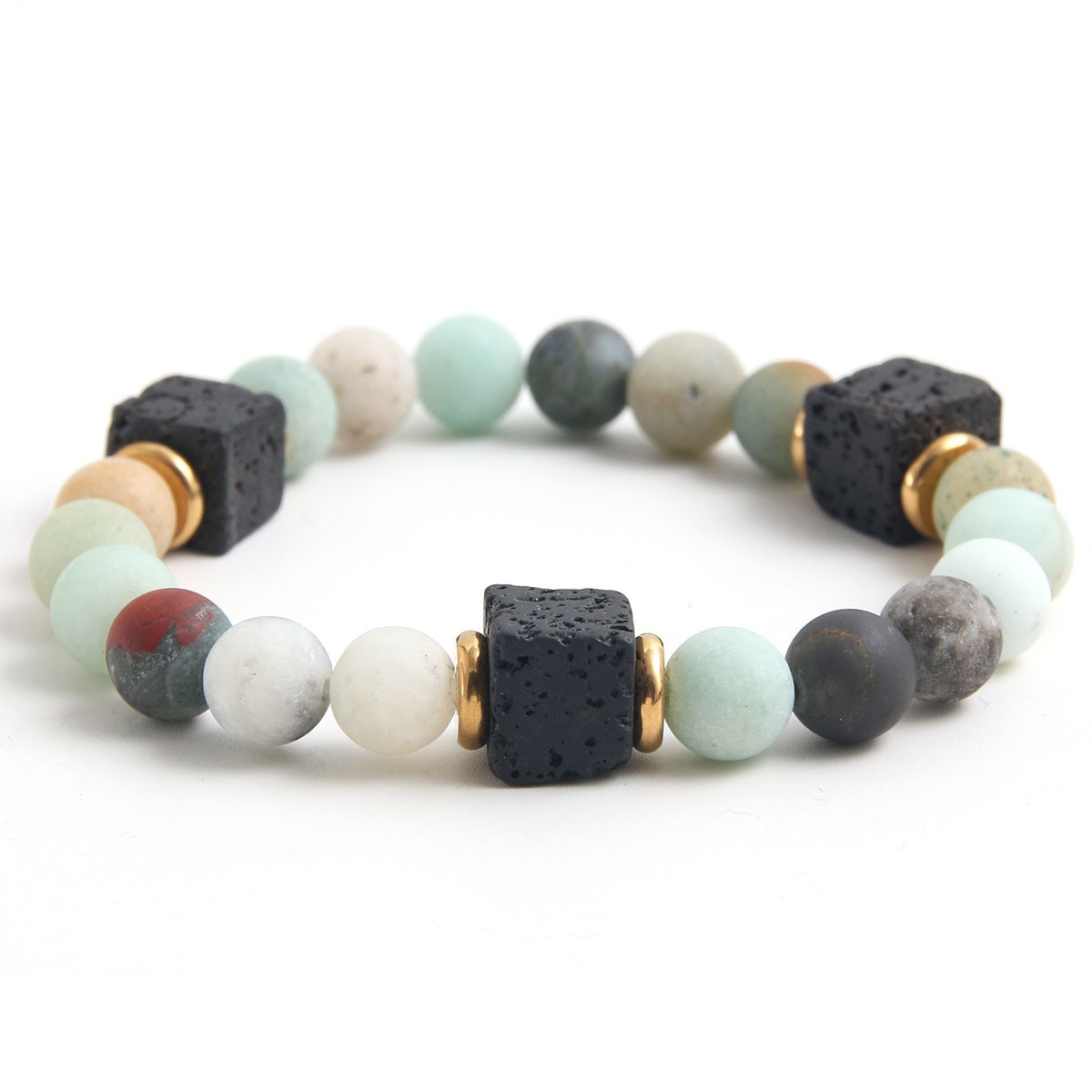 跨境爆款松石虎眼石火山石天然石串珠手链欧美情侣手串亚马逊货源