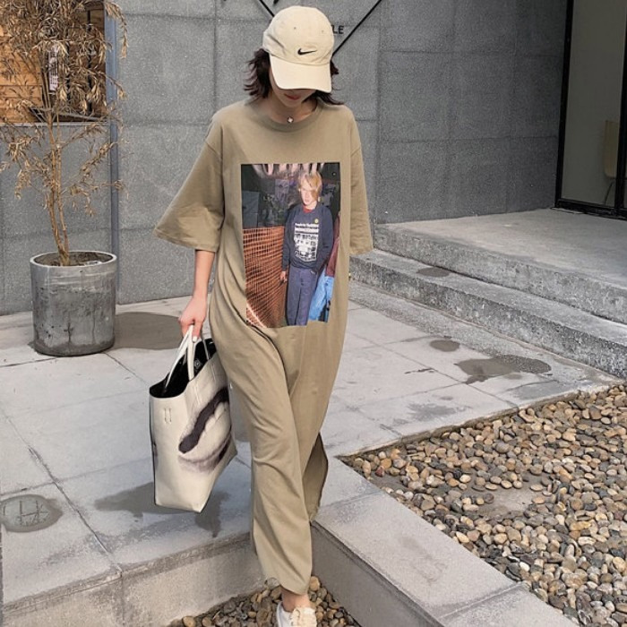 Summer Short Sleeve Personalized Korean Long T-shirt Dress Casual Loose Large Size Slimming Slit Dress Nightdress Can Be Worn outside