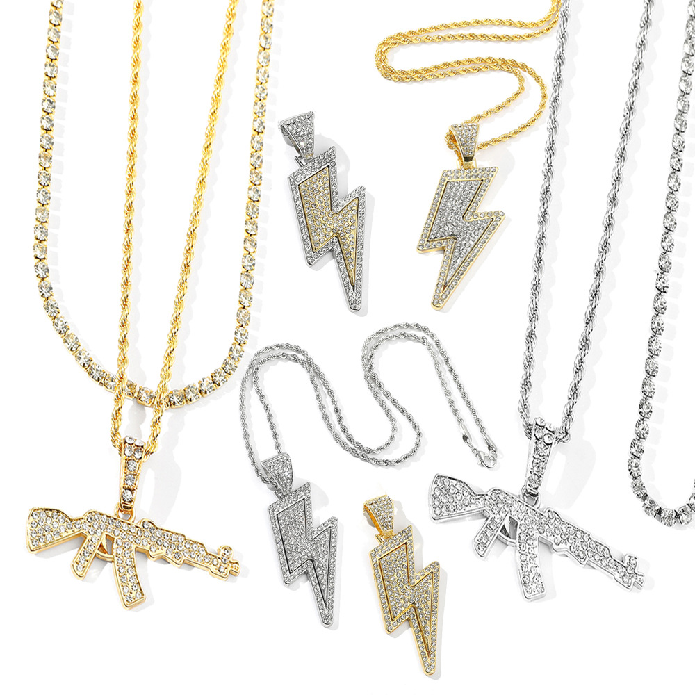 古巴链 ak47项链雷霆闪电标志镶钻吊坠 欧美男hiphop嘻哈项链批发