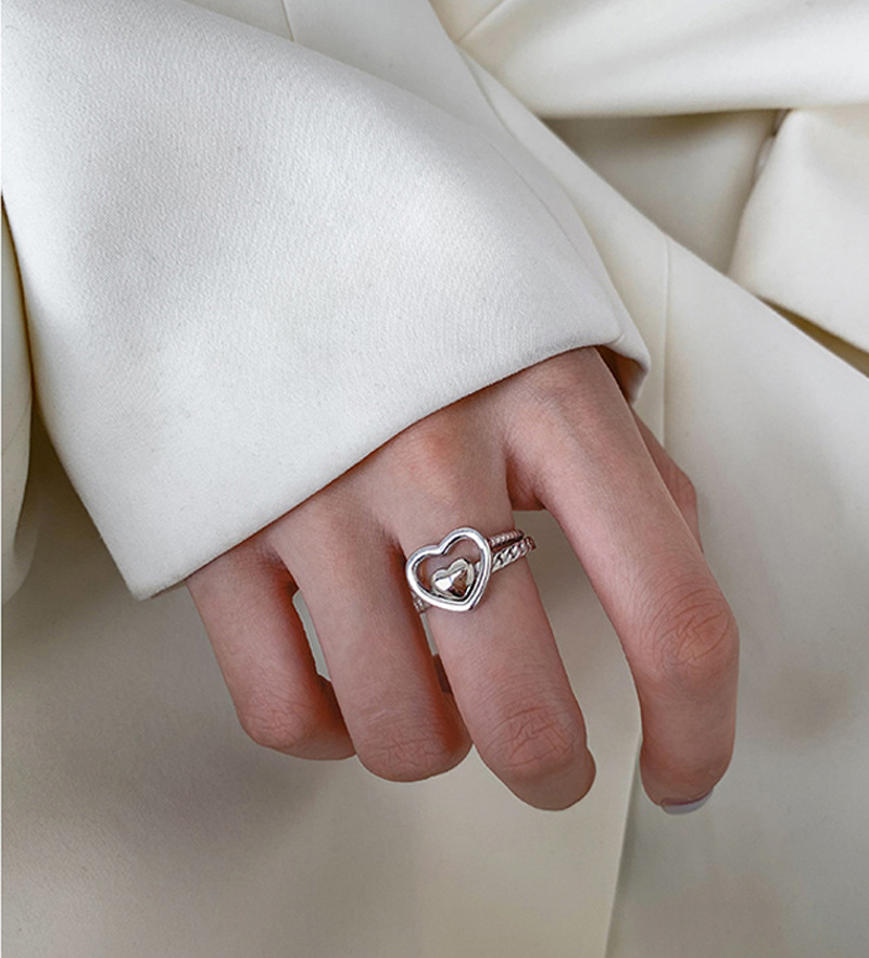 爱心叠戴开口戒指女韩版创意个性复古交织镂空心形食指指环ins风