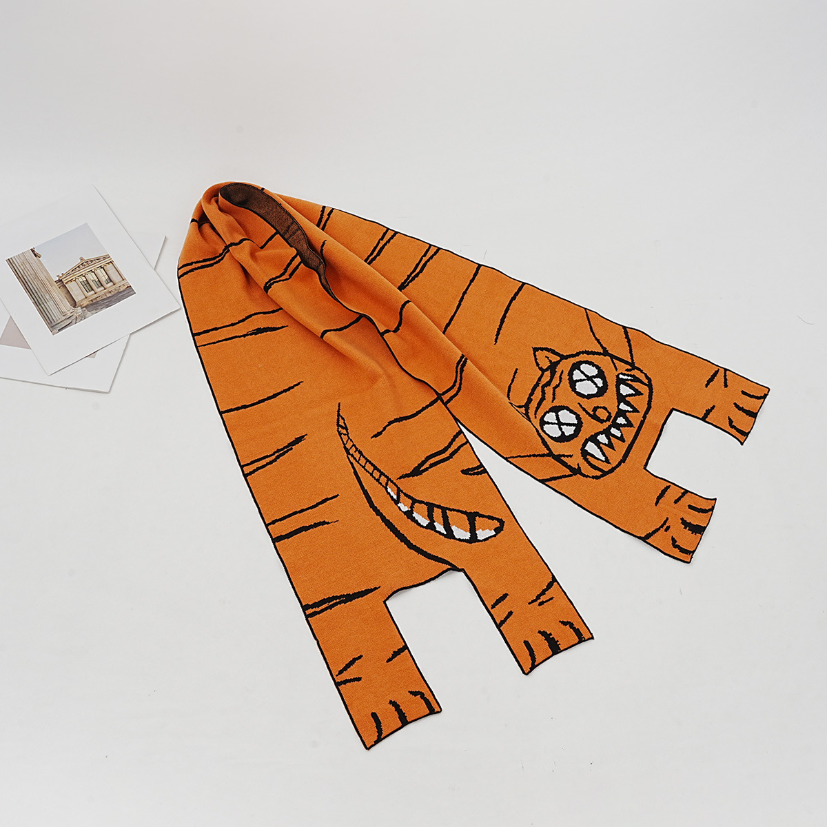 Unisex Orange Jacquard Knitted Wool Cartoon Tiger Shape Halloween Gift Warm Scarf