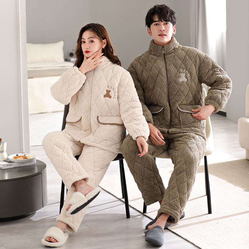秋冬季夹棉三层加厚情侣睡衣女士卡通小熊保暖棉袄拉链家居服套装