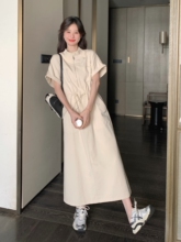 米白色韩系连衣裙女夏季2024新款气质收腰显瘦工装长裙a字裙