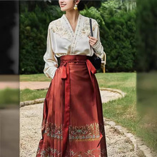 新中式国风裙子配重工刺绣衬衣两件套女改良版汉服红色马面裙套装