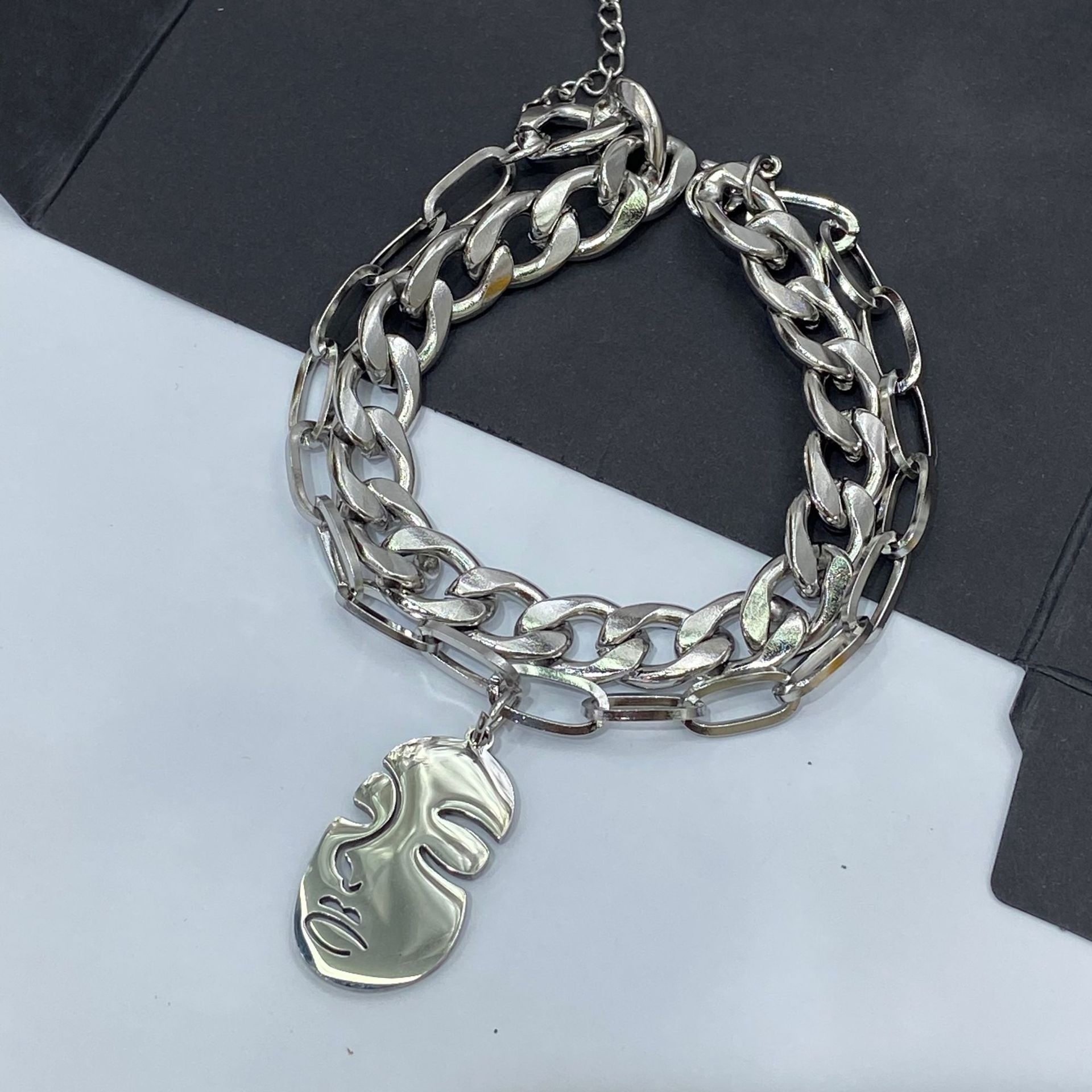 Korean Pendant Titanium Steel Double-Layer Bracelet Personalized Hip Hop Love Heart Pendant Bracelet Punk Trendy Hand Jewelry Chain