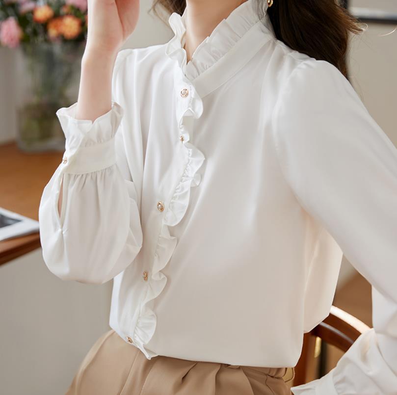 法式立领木耳边雪纺衬衫女秋装2024年新款内搭洋气长袖打底衬衣