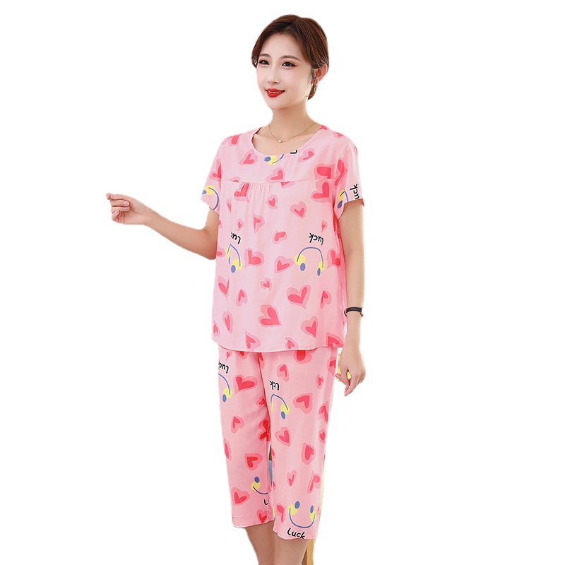 Summer Mom Pajamas Suit Middle-Aged and Elderly Women's Short-Sleeved Cotton Silk Two-Piece Cotton Artificial Cotton Can Be Outerwear Homewear