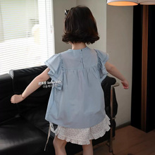 女童韩版洋气童装时尚2024新款女孩小飞袖上衣名媛风娃娃衫衬衫