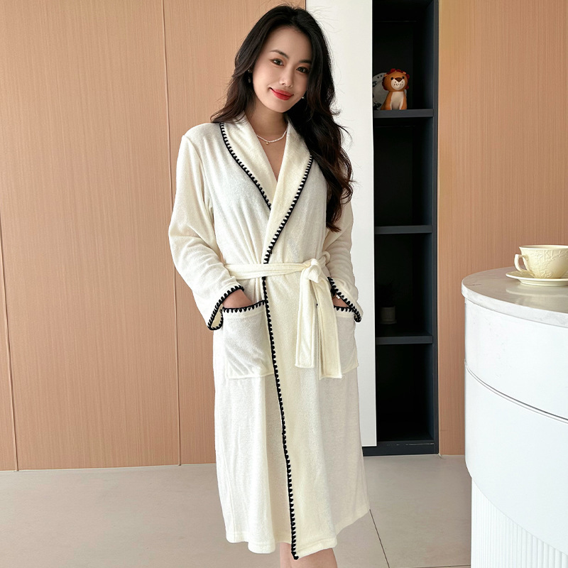 shopee春夏款毛巾料浴袍女士家居服吸水速干浴衣贝壳花边睡袍女