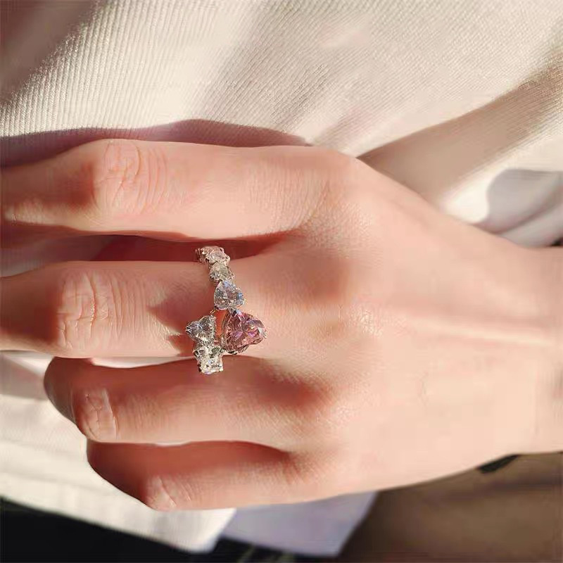 韩国ins小众感奢华粉色心形钻石戒指 满高碳钻气质浪漫指环女饰品