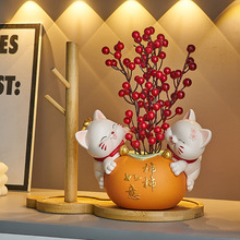 柿柿如意招财猫摆件玄关酒柜电视柜装饰品发财果乔迁新居礼品包邮