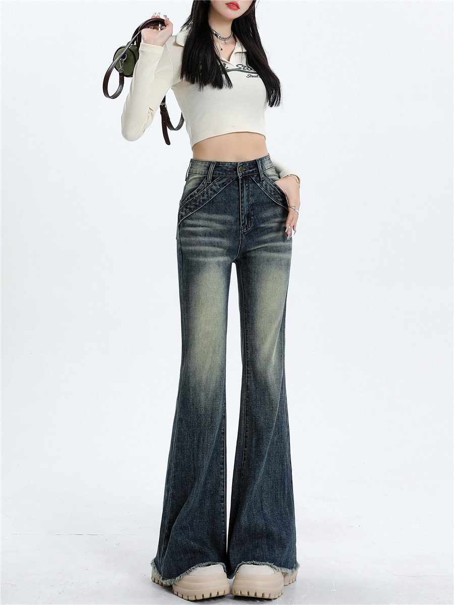 American Retro Flared Jeans Women's New High Waist Elastic Slim Fit Slimming Design Feeling Mopping Raw Edge Horseshoe Pants