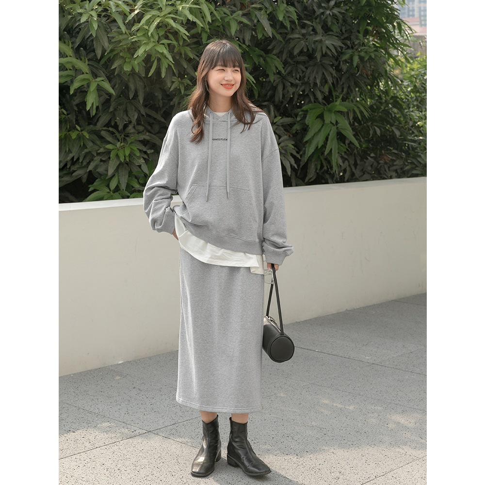 胖mm大码连帽卫衣加半身裙两件套女慵懒风长袖秋冬chic上衣裙套装