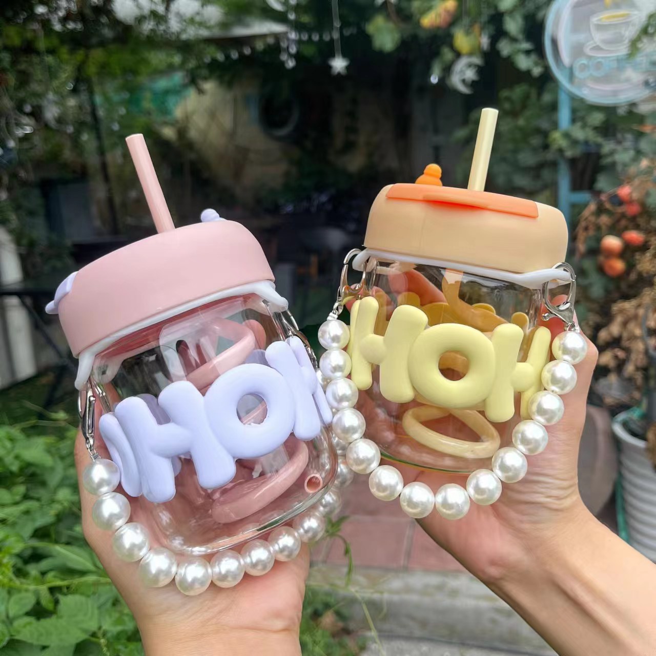 student cup glass holo silicone case spiral straw pearl portable double drink coffee cup portable cup ins