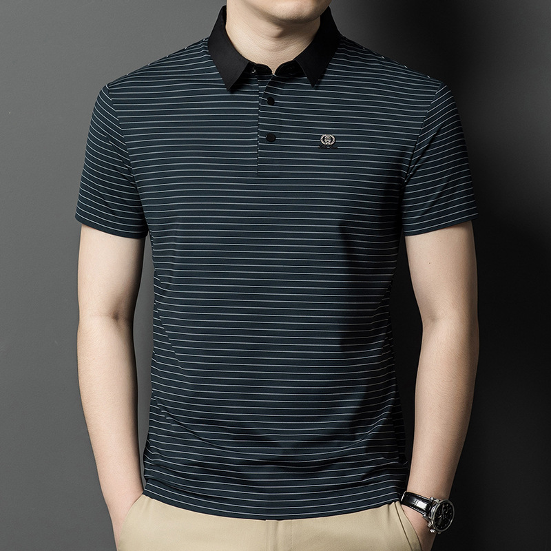 品牌男士t恤短袖2024新款桑蚕丝条纹中年真丝休闲商务风polo衫薄
