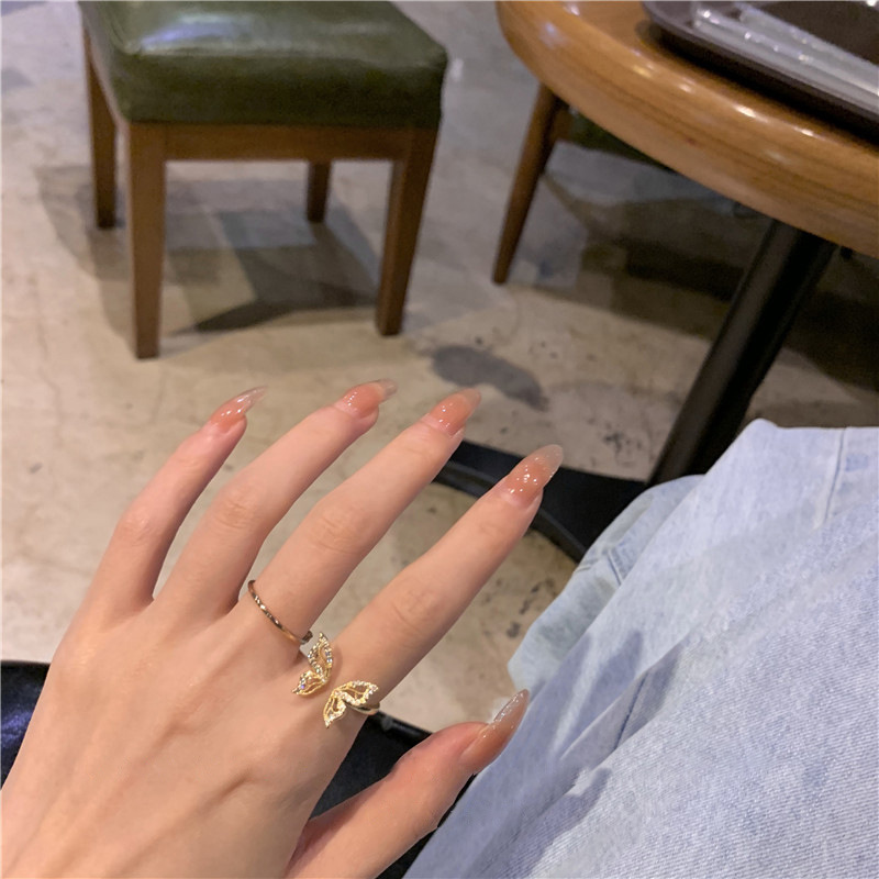 South Korea Dongdaemun Fashion Super Fairy Mori Style Butterfly Micro Inlaid Zircon Open Ring Ins Style Design Sense Index Finger Ring