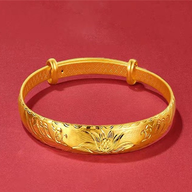 龙凤莲花推拉金手镯国风设计轻奢款黄铜镀金手镯送妈妈送老婆礼物
