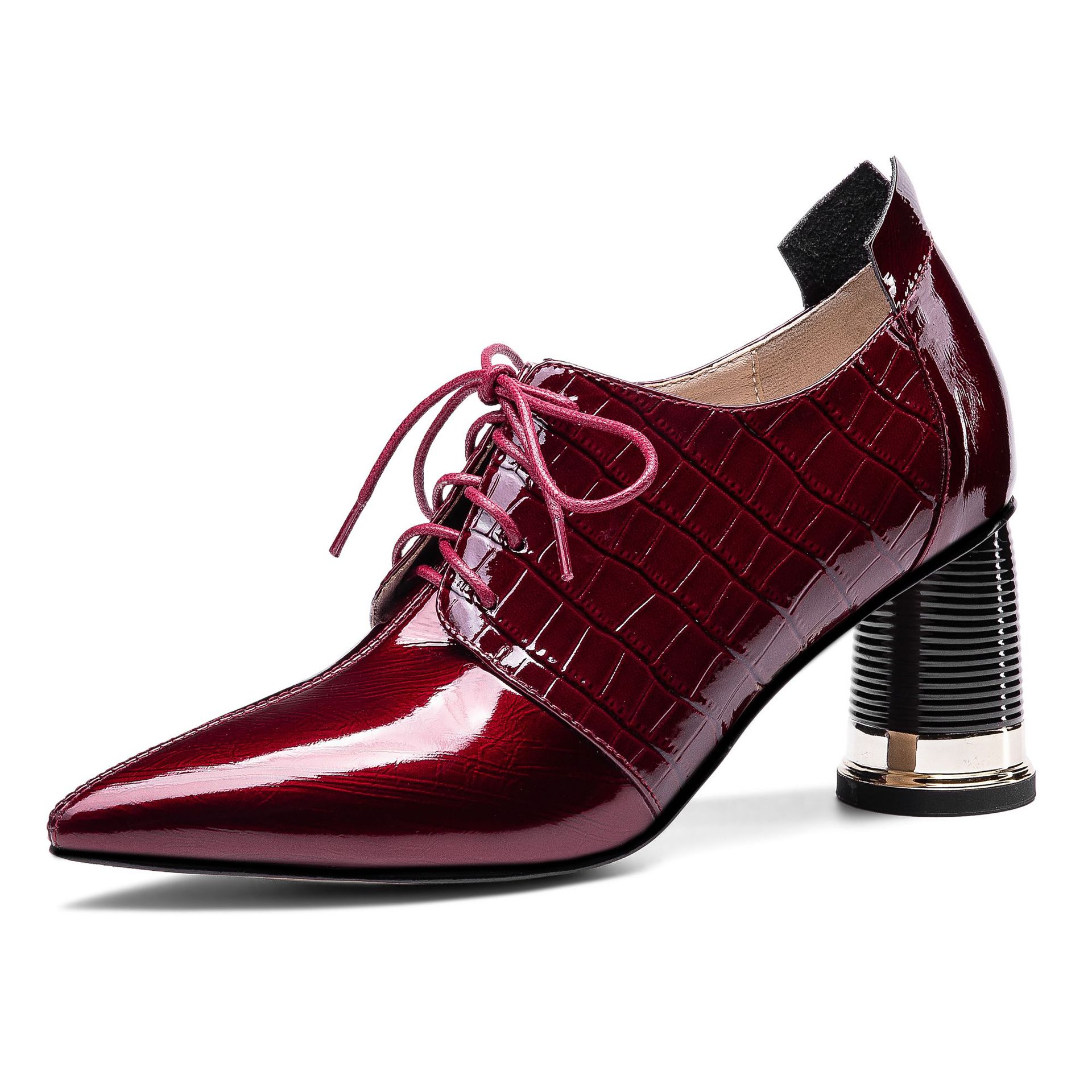 优雅女鞋新款鞋子罐罐鞋尖头粗跟高跟鞋系带电镀跟深口单鞋裸靴女