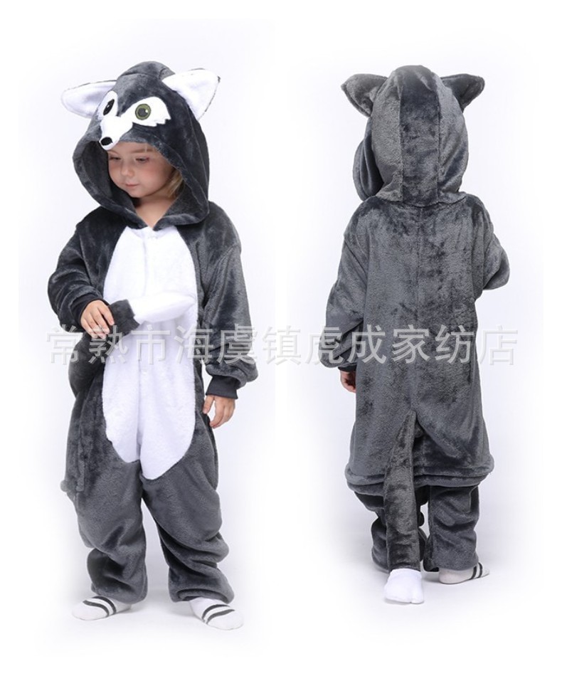 Cross-Border Foreign Trade Children's Animal Jumpsuit Romper Baby Autumn and Winter Flannel Gray Wolf Turtle Romper One-Piece Pajamas