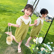 小女童娃娃衫背带裤套装夏装2024新款儿童洋气时髦韩版两件套夏季