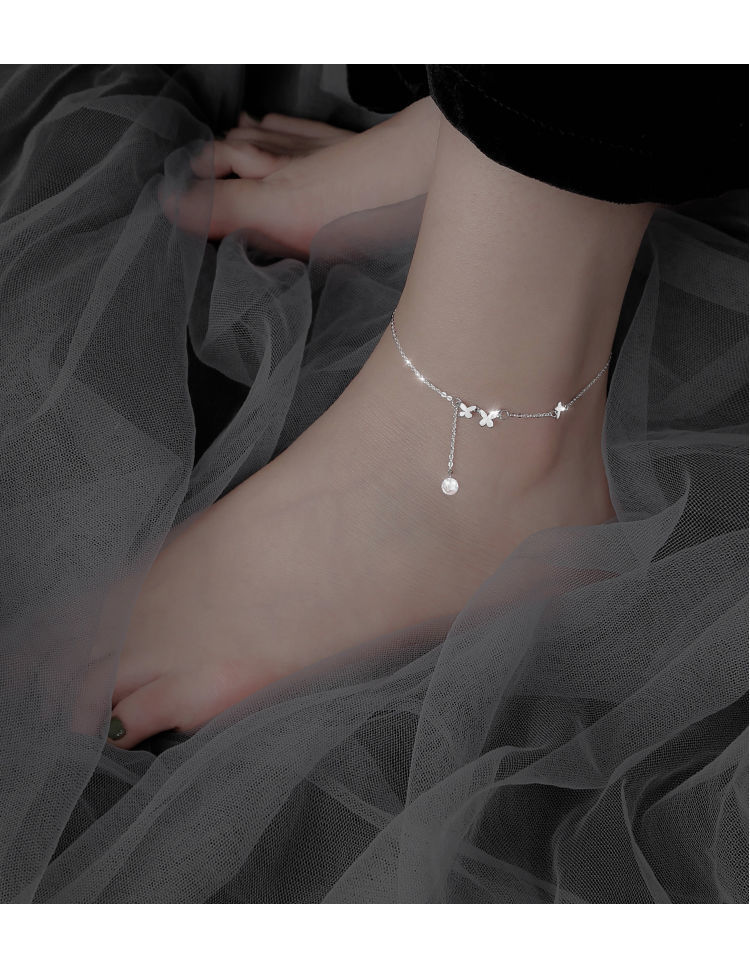 925纯银闪钻蝴蝶脚链女新款ins性感网红脚链仙气潮超仙网红银脚链