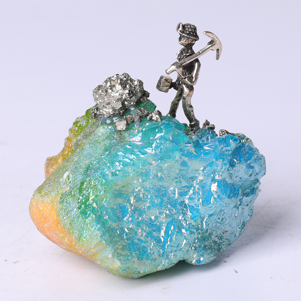 跨境新品镀彩晶簇矿工造型标本居家摆件工艺品矿石水晶办公礼品