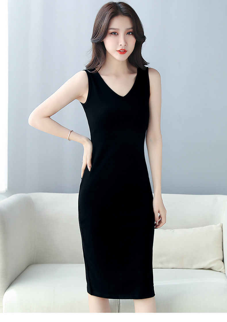 莫代尔长裙2020春夏女装新款背心裙黑色内搭裙无袖v领打底连衣裙