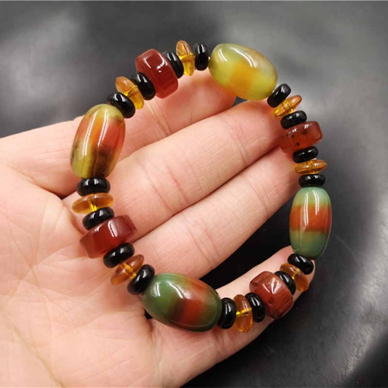 老玉匠 新款孔雀绿玛瑙桶珠手链 男女款三彩色玛瑙算盘珠手串