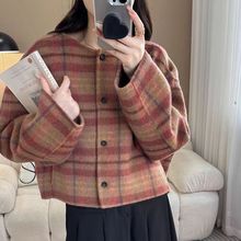 高级感格子双面羊绒大衣女短款韩版秋冬新款韩版圆领宽松毛呢外套