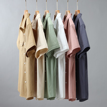 日系工装棉水洗美式休闲双兜青年夏季薄款短袖纯色白色休闲衬衣