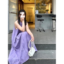 紫色亚麻无袖背心连衣裙女2024年夏季新款挂脖褶皱设计感小众长裙