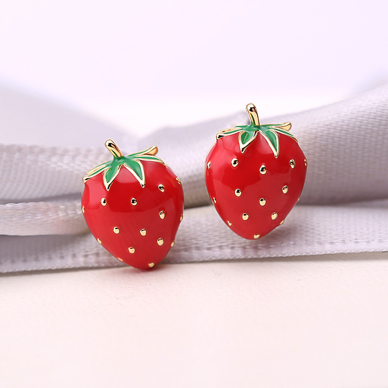 925纯银草莓耳钉红绿烤漆镀金保护不褪色银耳针防过敏时尚耳饰